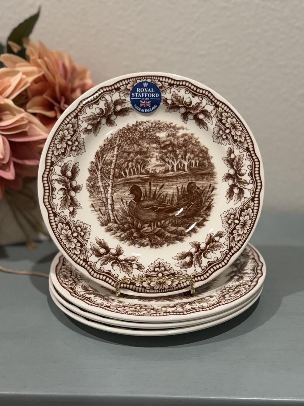 Royal Stafford 8” Mallard Duck Brown Salad/ Dessert Plates Set of 4